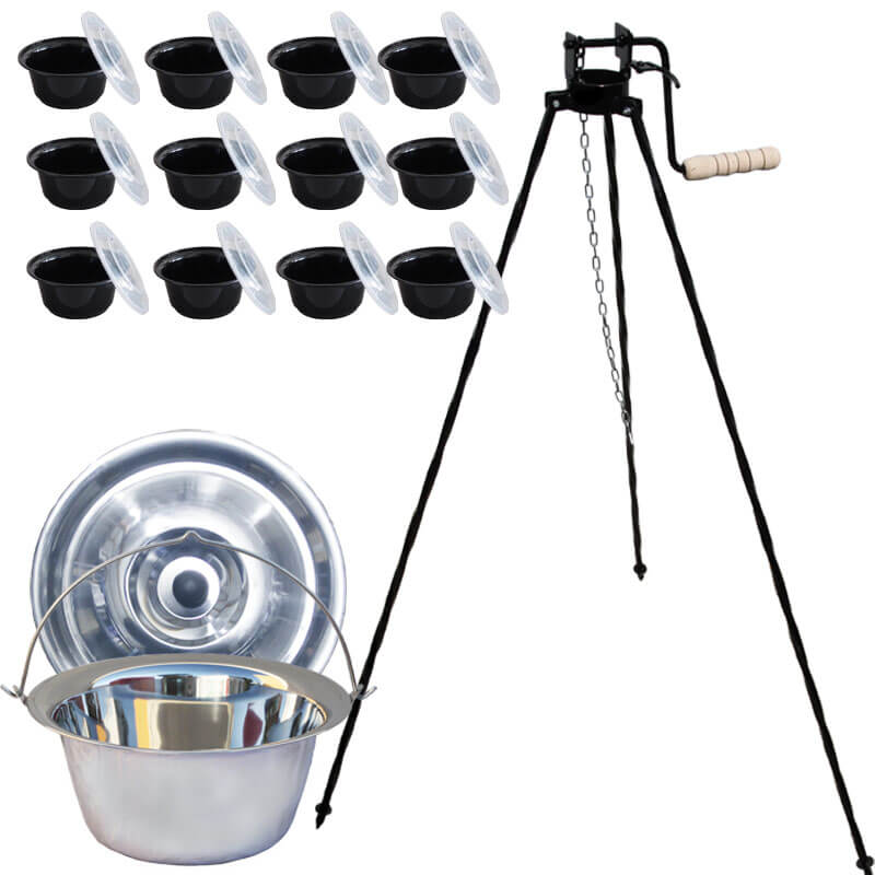 Nerezový kotlík 20 L (0,8 mm) + stojan s kladkou VAR + misky 12 ks