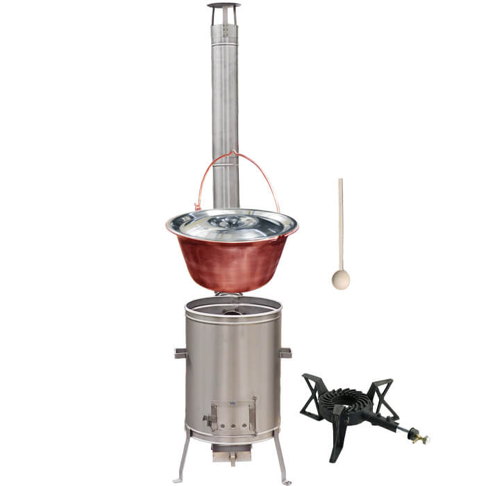 Medený kotlík 10 L (1,2 mm) + nerezová kotlina 36 cm + liatinový horák 7 kW, vareška LUX