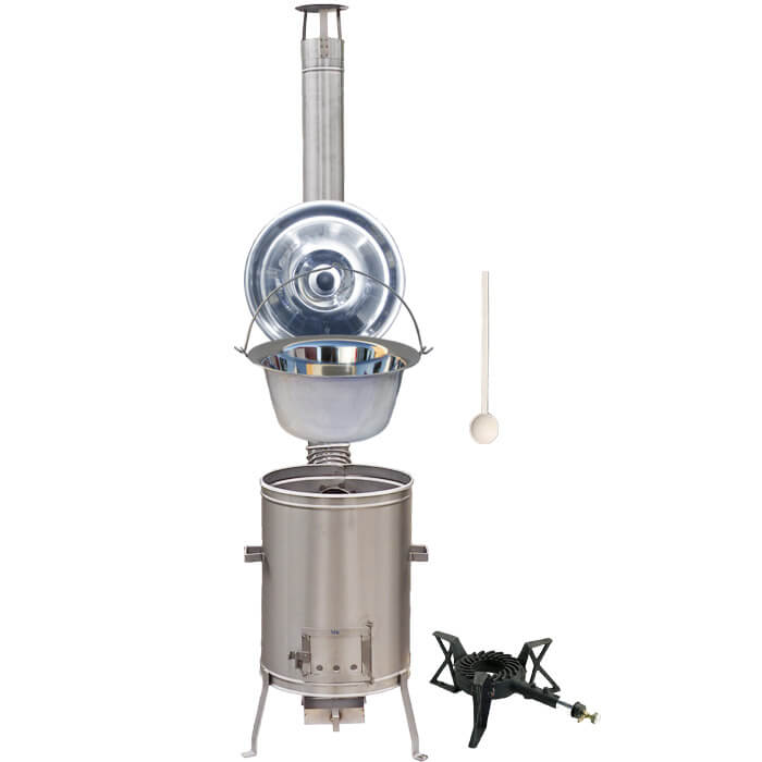 Antikorový kotlík 14 L (0,8 mm) + nerezová kotlina 36 cm + liatinový horák 7 kW, vareška LUX