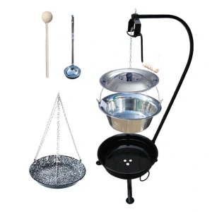 Nerezový kotlík 20 L (0,8 mm) INOX + smaltovaná panvica + ohnisko so stojanom a s poistnou kladkou VAR