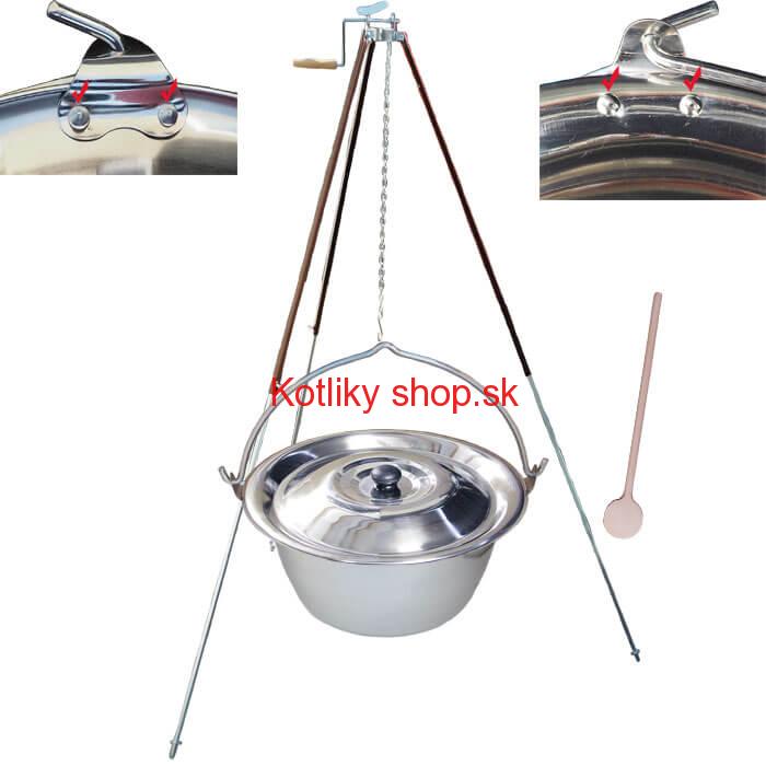 Antikorový kotlík 15 L (0,8 mm) s nitmi + teleskopická trojnožka s poistnou kladkou + pokrievka