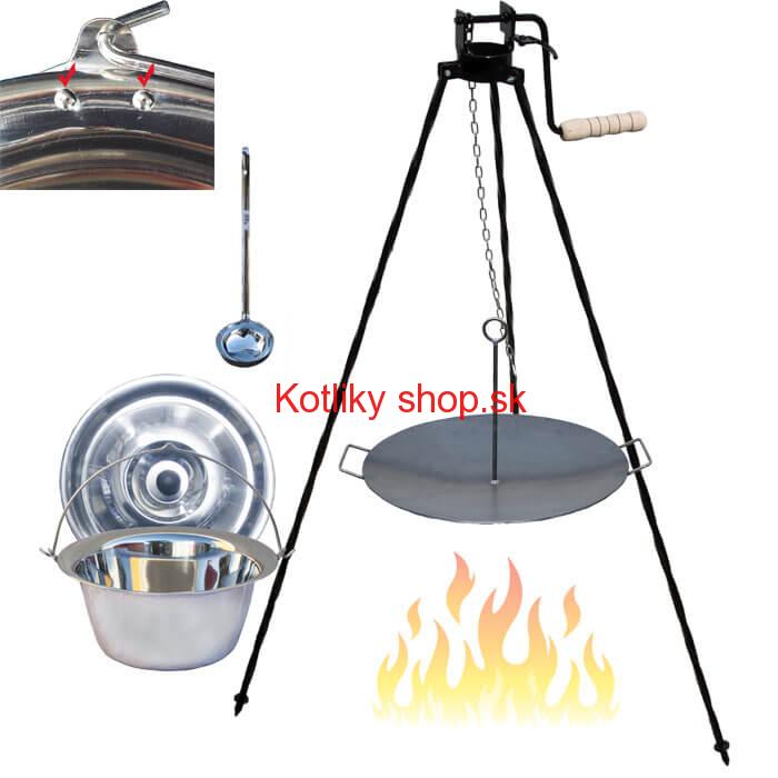 Antikorový kotlík 15 L (0,8 mm) s nitmi + panvica na grilovanie a stojan s kladkou VAR