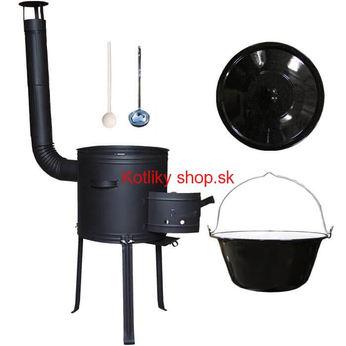 Smaltovaný kotlík 30 L + kovová kotlina s vysokými nožičkami 42 cm + vareška a naberačka
