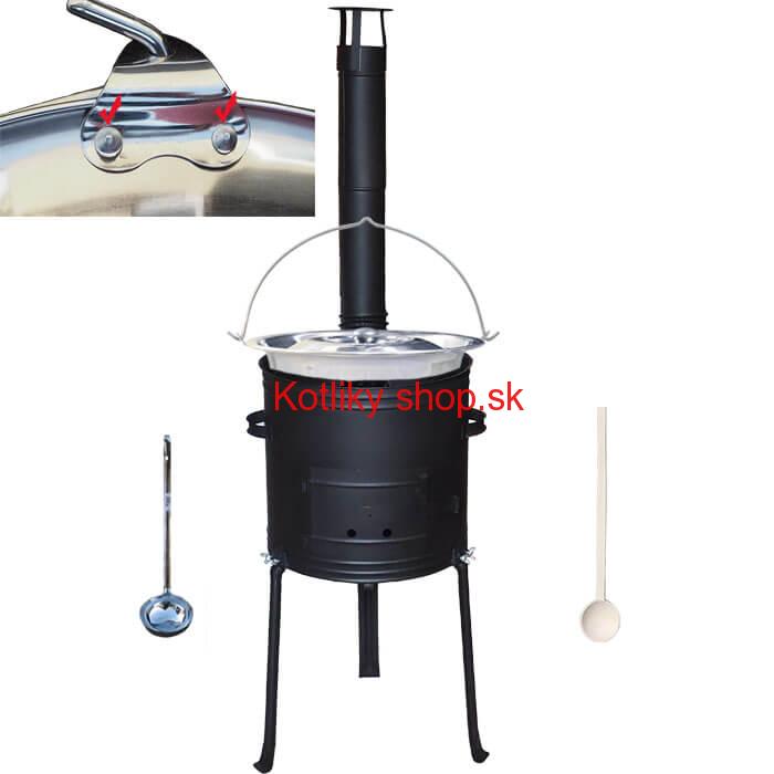 Antikorový kotlík 20 L (0,8 mm) zosilnený s nitmi + kovová kotlina s vysokými nožičkami 42, žiaruvzdorná farba Plus 700 + vareška a naberačka