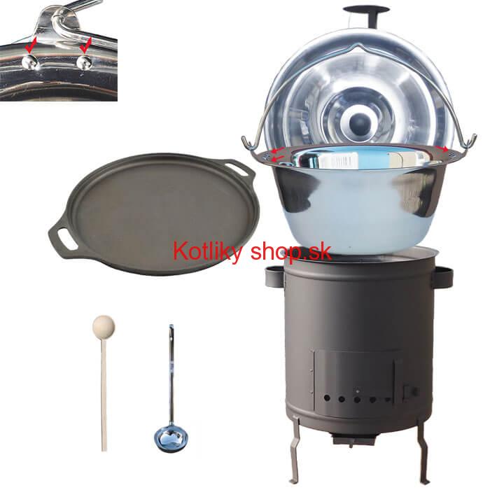 Nerezový kotlík 20 L (0,8 mm) zosilnený s nitmi + Liatinová panvica 43 cm + hrubostenná (1,5 mm) a žiaruvzdorná kotlina 42 PLUS 600