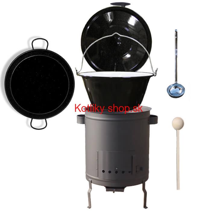 Smaltovaný kotlík 13 L (1,2 mm) + Paella panvica 38 cm + hrubostenná (1,5 mm) žiaruvzdorná kotlina (1,5 mm) 36 PLUS 600