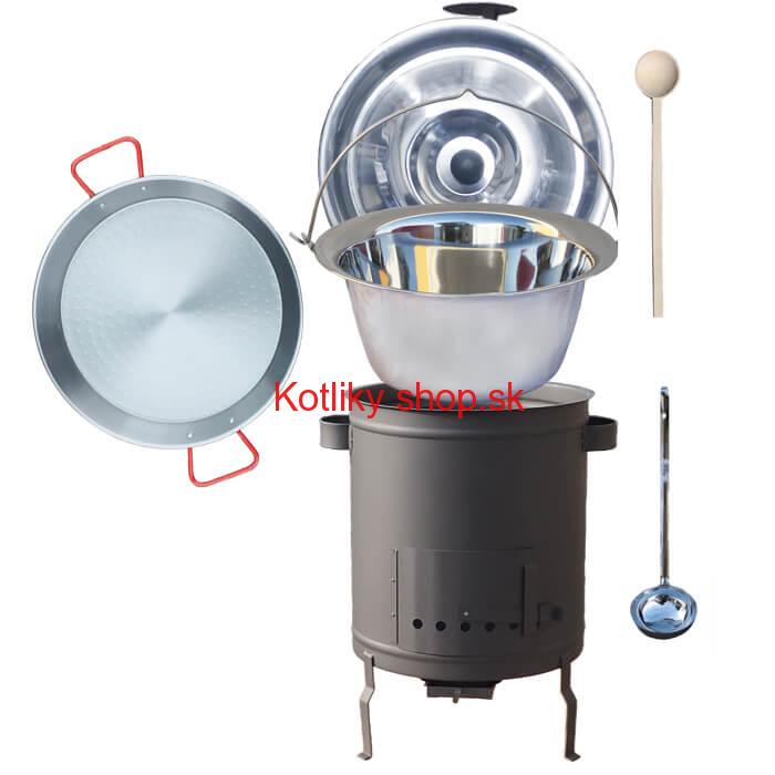 Nerezový kotlík 14 L (0,8 mm) + Paella panvica 38 cm + hrubostenná (1,5 mm) žiaruvzdorná kotlina (1,5 mm) 36 PLUS 600