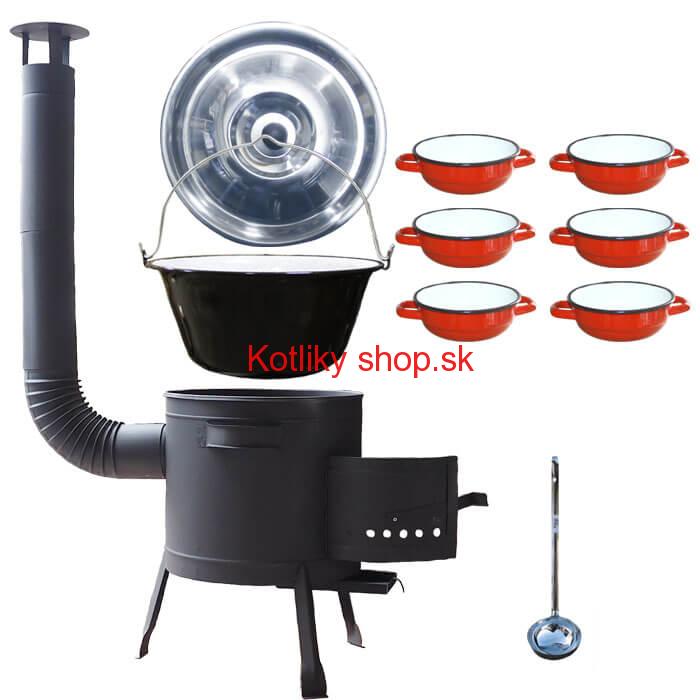 Smaltovaný kotlík 25 L + selské misky 6 ks + nízka žiaruvzdorná kotlina 42 cm PLUS 600