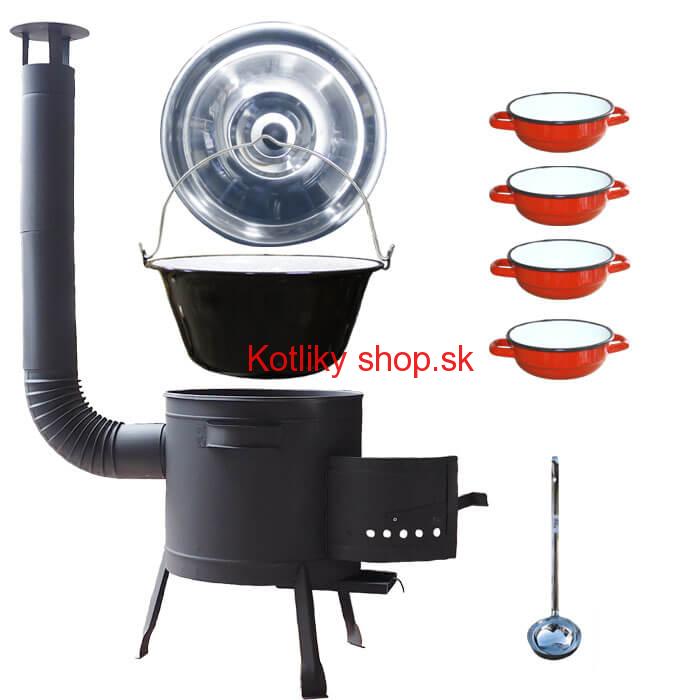Smaltovaný kotlík 20 L + selské misky 4 ks + nízka žiaruvzdorná kotlina 42 cm PLUS 600