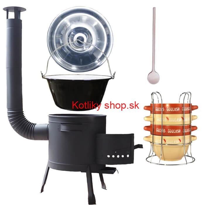 Smaltovaný kotlík 25 L (1,2 mm) + misky na guláš 4 ks + nízka žiaruvzdorná kotlina 42 PLUS 600