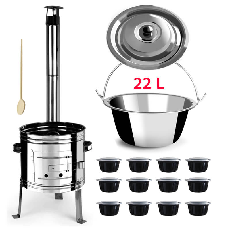Nerezový kotlík 22 L (0,8 mm) + nerezová kotlina 42 INOX + vareška + misky 12 ks