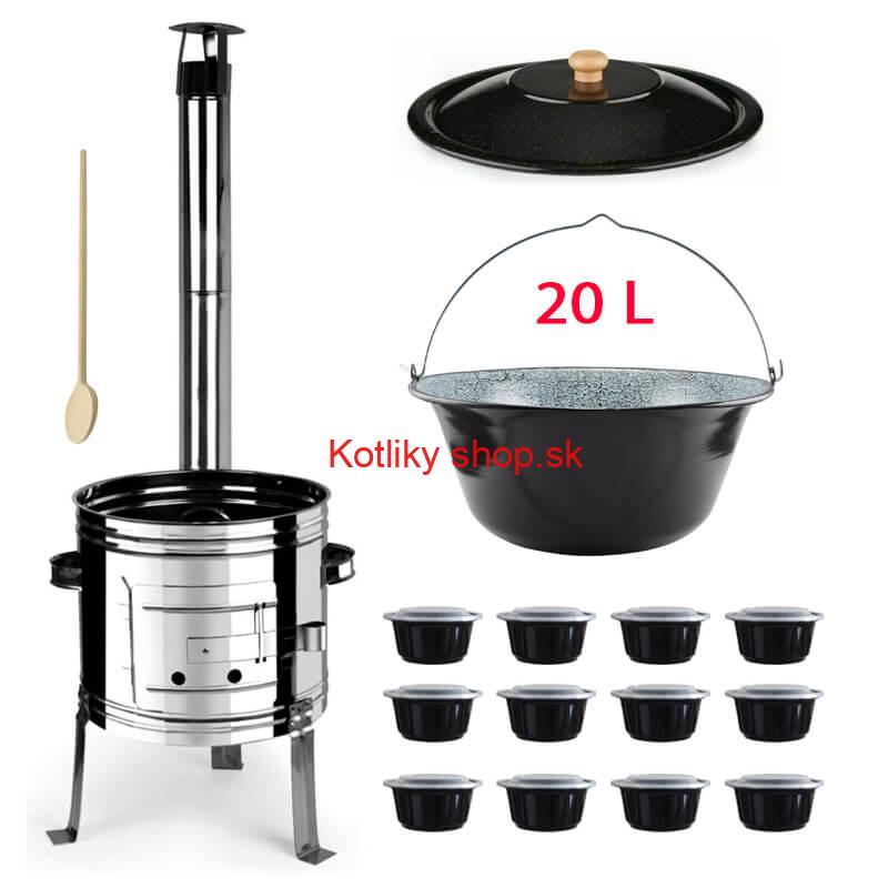 Smaltovaný kotlík 20 L + Nerezová kotlina 42 INOX + vareška + misky 12 ks