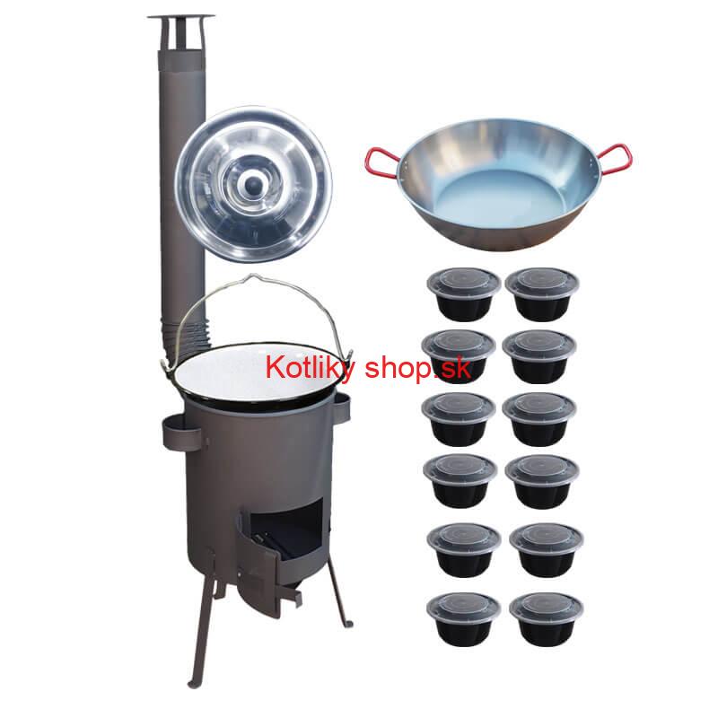 Smaltovaný kotlík 22 L + Panvica PAELLA (WOK) 45 cm + misky 12 ks + žiaruvzdorná kotlina 42 PLUS 600 s roštom na popol 4 mm