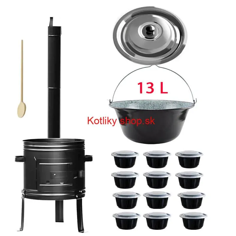 Smaltovaný kotlík 13 L + kovová kotlina 36 KOV + misky 12 ks
