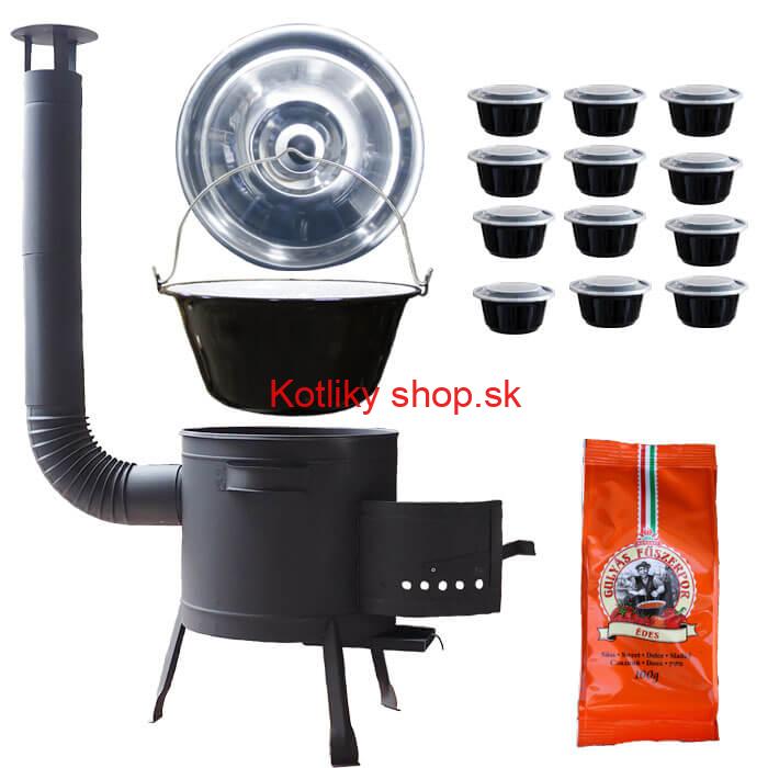 Smaltovaný kotlík 20 L (1,2 mm) + pokrievka + misky 12 ks + nízka žiaruvzdorná kotlina (0,8 mm) 42 PLUS 600