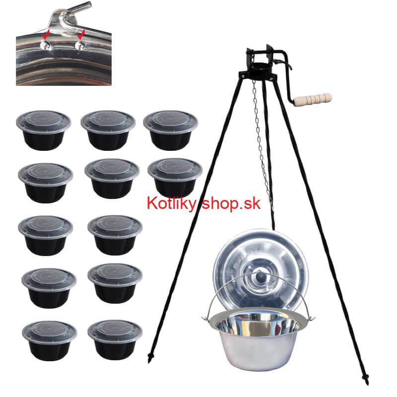 Antikorový kotlík 15 L (0,8 mm) s nitmi + stojan s kladkou VAR + misky 12 ks