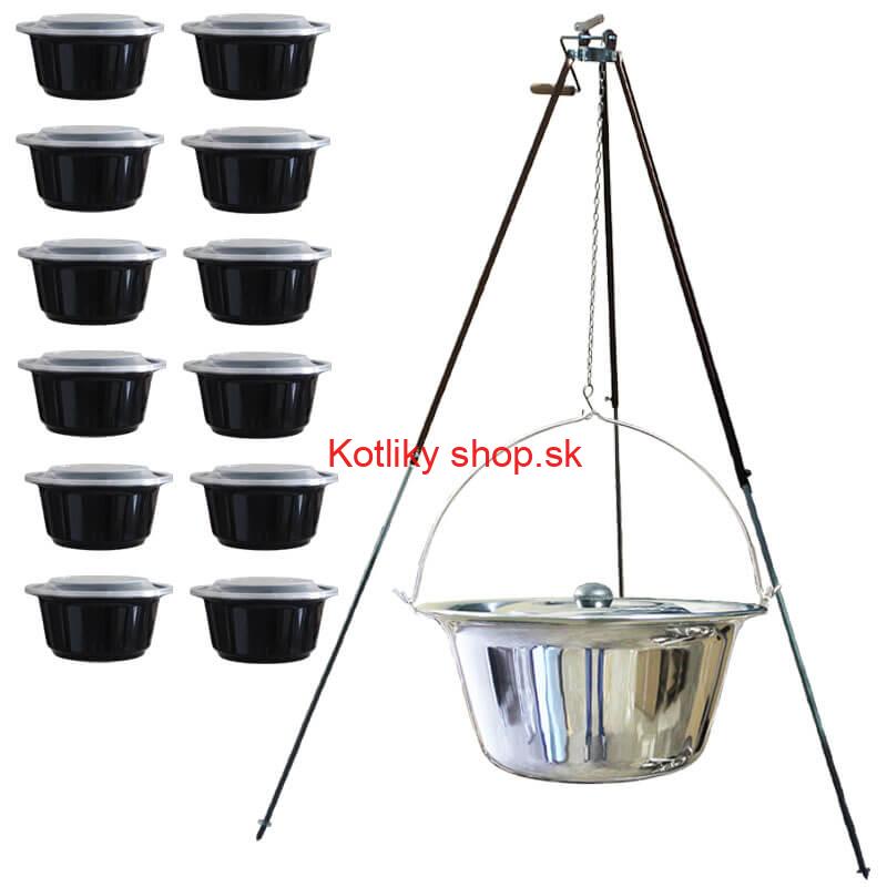 Antikorový kotlík 20 L (1,2 mm) + teleskopická trojnožka s poistnou kladkou + misky 12 ks