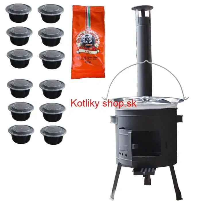 Nerezový kotlík 22 L (0,8 mm) INOX + hrubostenná (1,5 mm) žiaruvzdorná kotlina BALKY STRONG 42 PLUS 600 + misky 12 ks + paprikové korenie na guláš 100 g