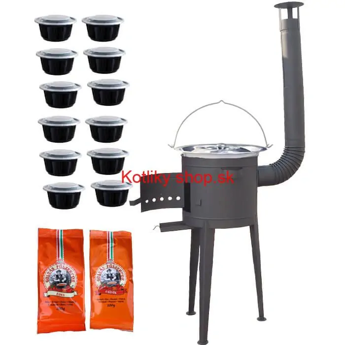 Nerezový kotlík 22 L (0,8 mm) INOX + vysoká žiaruvzdorná kotlina (2,0 mm) HODO 42 cm PLUS 600 + misky 12 ks + 2 x korenie na guláš 100 g