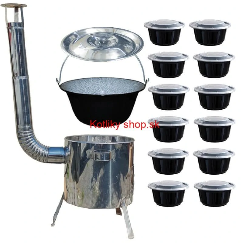 Smaltovaný kotlík 13 L + Nerezová kotlina 36 INOX LUSTRO + misky 12 ks