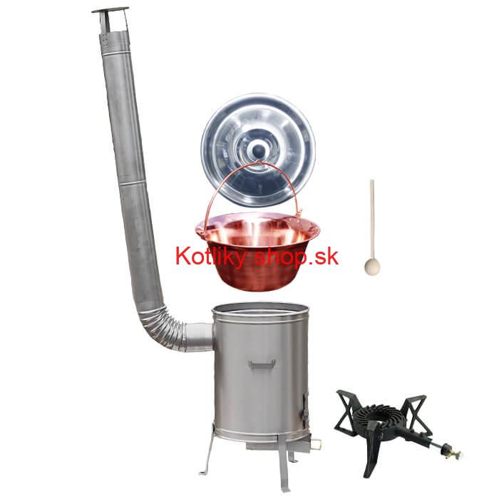 Medený kotlík 10 L (1,2 mm) + nerezová kotlina 36 cm + liatinový horák 7 kW, vareška LUX