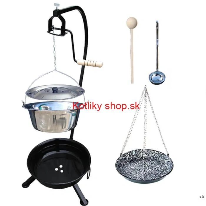 Nerezový kotlík 15 L (1,2 mm) INOX + smaltovaná panvica + ohnisko so stojanom a s poistnou kladkou VAR