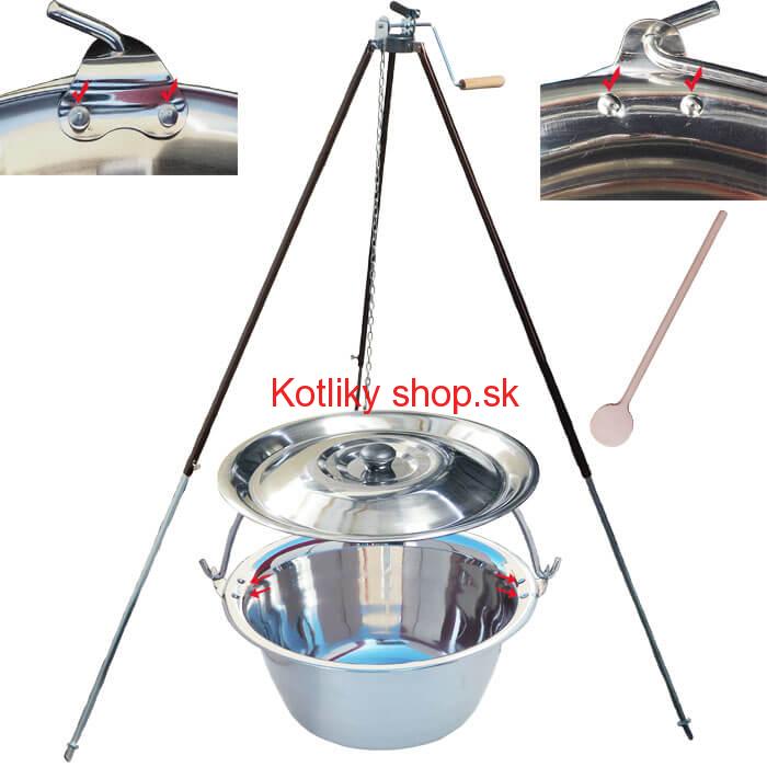 Antikorový kotlík 15 L (0,8 mm) s nitmi + teleskopická trojnožka s poistnou kladkou + pokrievka