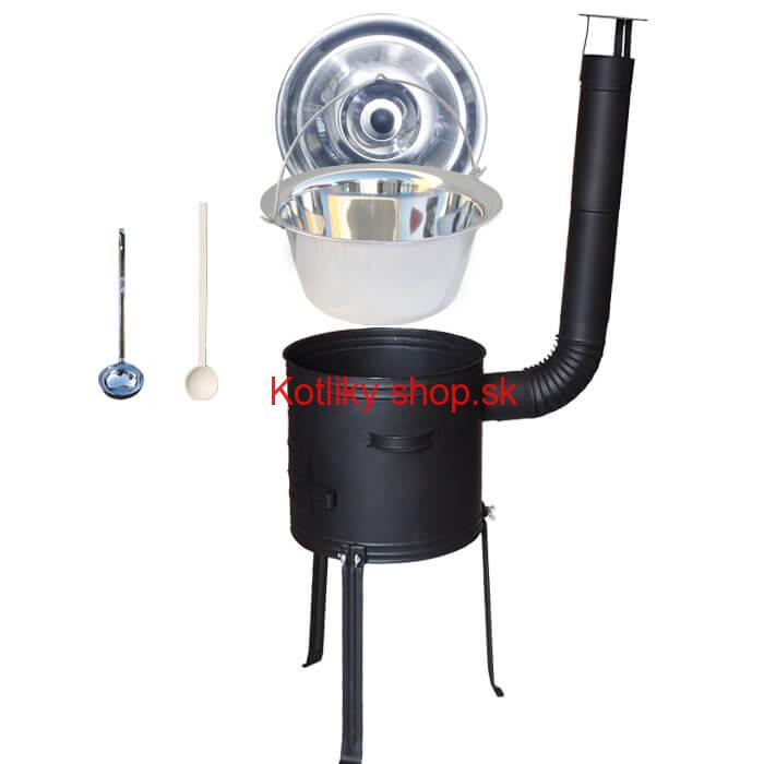 Antikorový kotlík 14 L (0,8 mm) + kovová kotlina s vysokými nožičkami 36 cm + vareška a naberačka