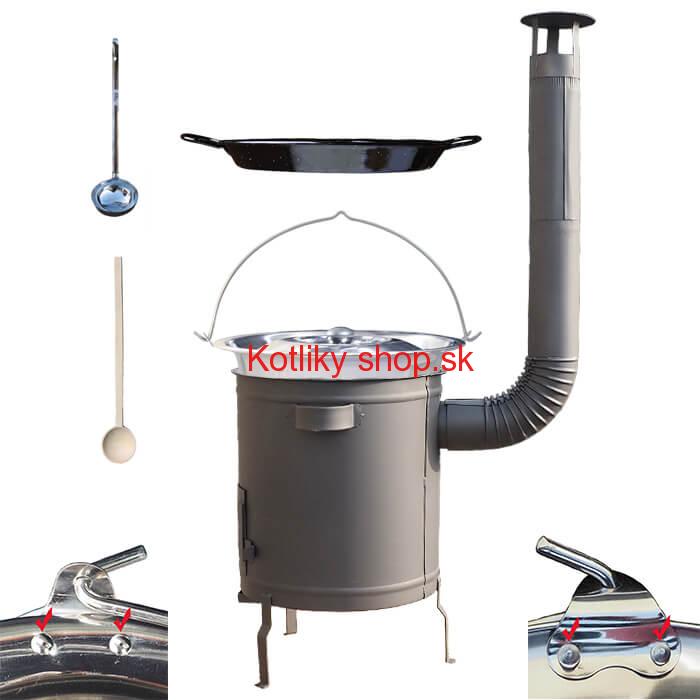 Nerezový kotlík 15 L (0,8 mm) zosilnený s nitmi + Paella panvica 38 cm + hrubostenná (1,5 mm) žiaruvzdorná kotlina 36 PLUS 600