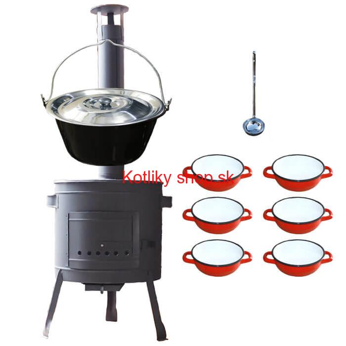 Smaltovaný kotlík 25 L + selské misky 6 ks + nízka žiaruvzdorná kotlina 42 cm PLUS 600