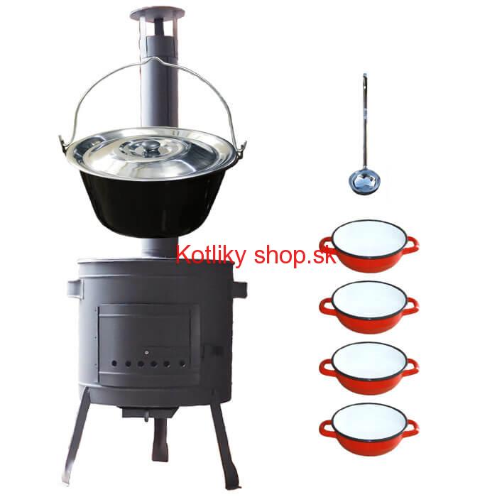 Smaltovaný kotlík 20 L + selské misky 4 ks + nízka žiaruvzdorná kotlina 42 cm PLUS 600
