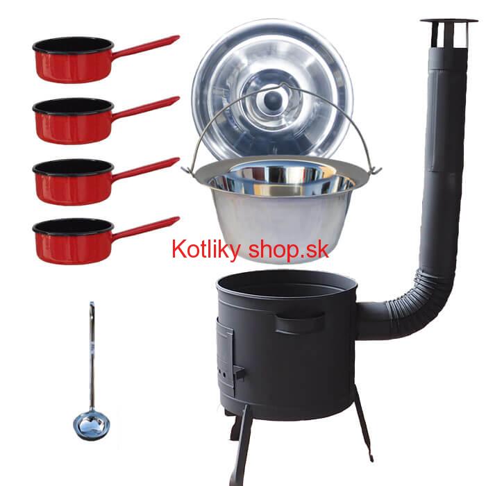 Nerezový kotlík 22 L (0,8 mm) INOX + smaltované rajnice 4 ks + nízka žiaruvzdorná kotlina 42 cm PLUS 600