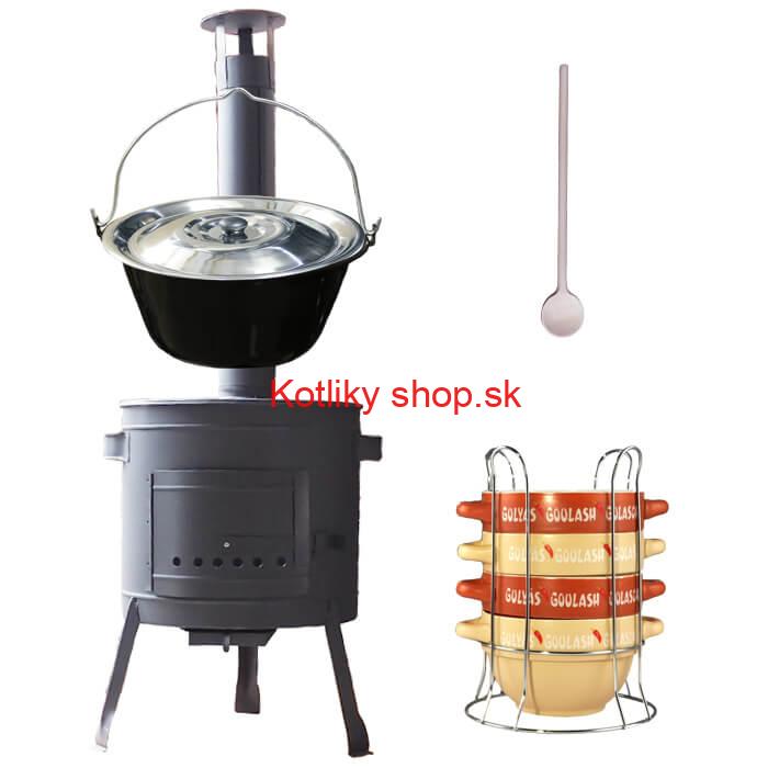 Smaltovaný kotlík 25 L (1,2 mm) + misky na guláš 4 ks + nízka žiaruvzdorná kotlina 42 PLUS 600