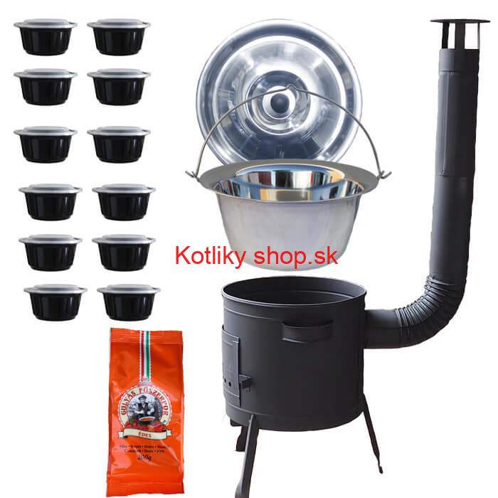 Nerezový kotlík 22 L (0,8 mm) + korenie na guláš 100 g + misky 12 ks + nízka žiaruvzdorná kotlina (0,8 mm) 42 PLUS 600