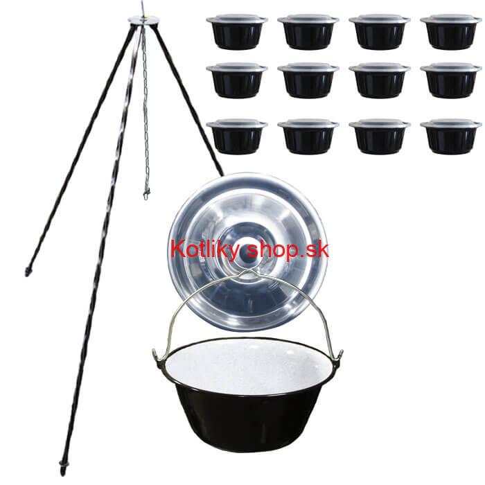 Smaltovaný kotlík 13 L + pokrievka + stojan + misky 12 ks