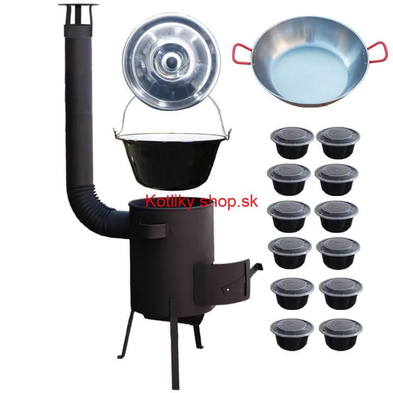 Smaltovaný kotlík 22 L + Panvica PAELLA (WOK) 45 cm + misky 12 ks + žiaruvzdorná kotlina 42 PLUS 600 s roštom na popol 4 mm