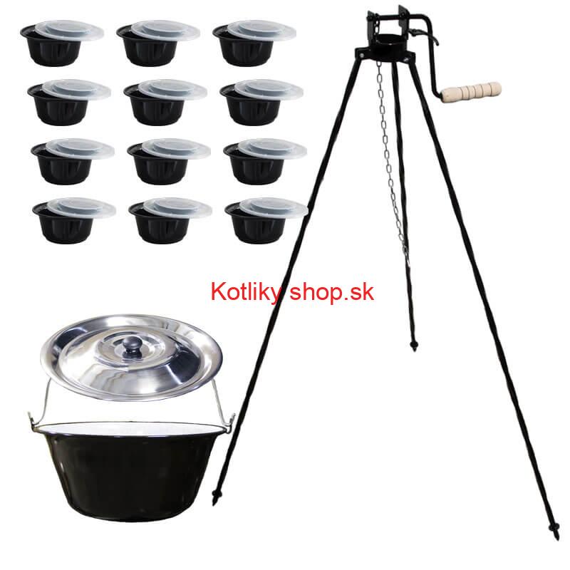 Smaltovaný kotlík 25 L + stojan s kladkou VAR + misky 12 ks