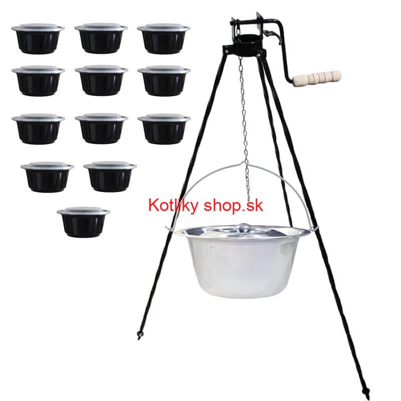 Antikorový kotlík 22 L + stojan s kladkou VAR + misky 12 ks