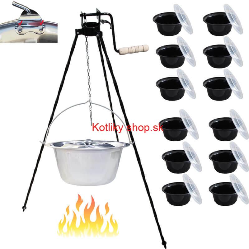 Antikorový kotlík 15 L (0,8 mm) s nitmi + stojan s kladkou VAR + misky 12 ks