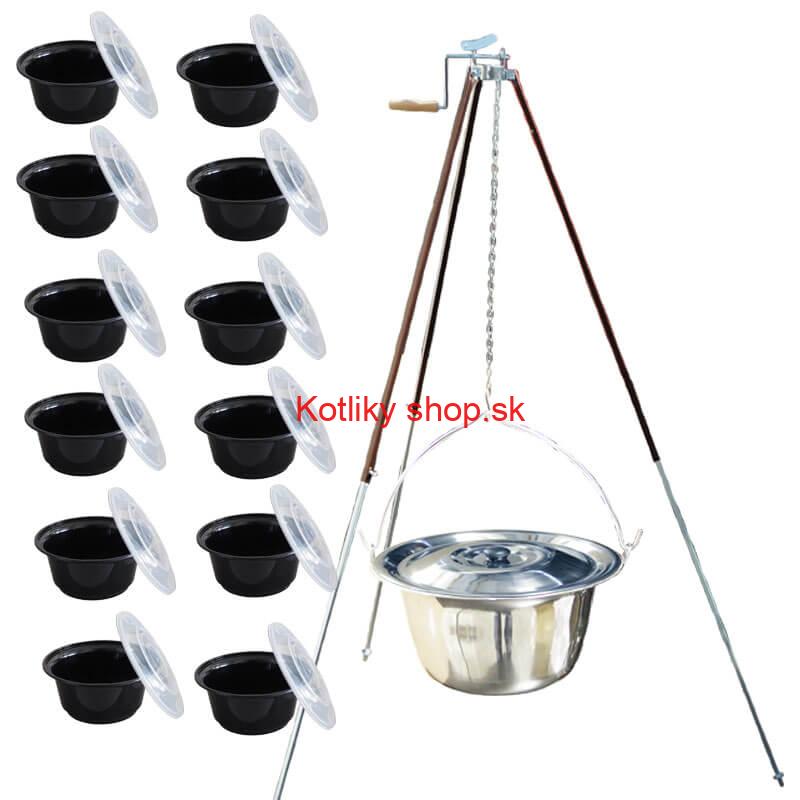 Antikorový kotlík 20 L (1,2 mm) + teleskopická trojnožka s poistnou kladkou + misky 12 ks