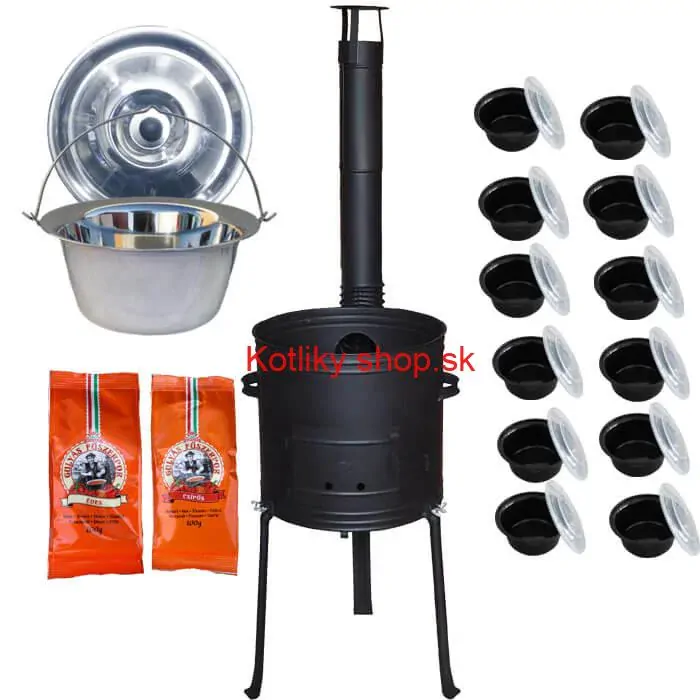 Nerezový kotlík 22 L (0,8 mm) INOX + žiaruvzdorná kotlina 42 cm Plus 700 + misky 12 ks + 2 x korenie na guláš 100 g
