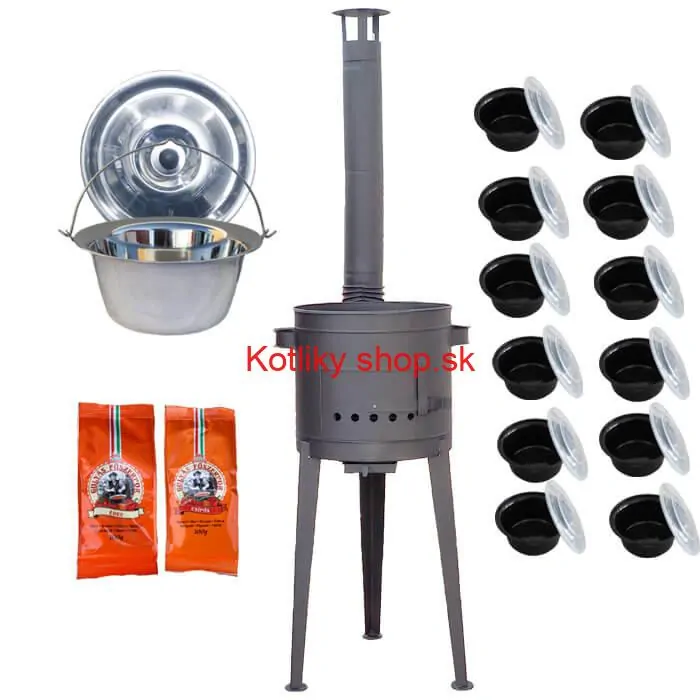Nerezový kotlík 22 L (0,8 mm) INOX + vysoká žiaruvzdorná  kotlina 42 cm PLUS 600 + misky 12 ks + 2 x korenie na guláš 100 g