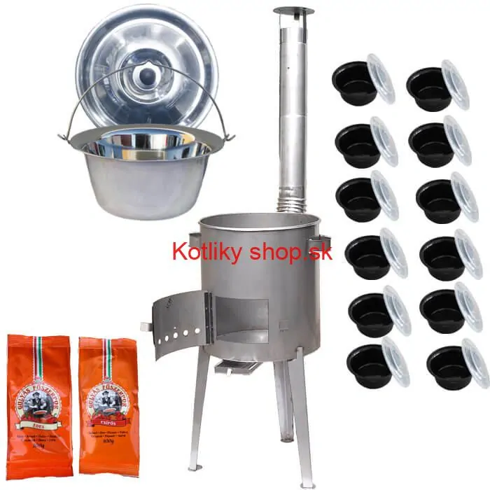 Nerezový kotlík 22 L (0,8 mm) INOX + nerezová kotlina 42 cm LUXUS + misky 12 ks + 2 x korenie na guláš 100 g