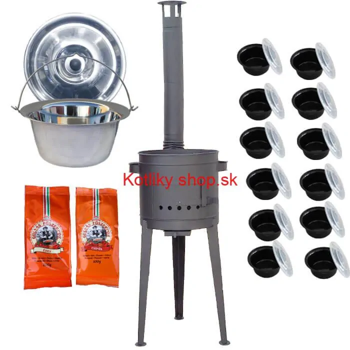 Nerezový kotlík 22 L (0,8 mm) INOX + vysoká žiaruvzdorná kotlina (2,0 mm) HODO 42 cm PLUS 600 + misky 12 ks + 2 x korenie na guláš 100 g