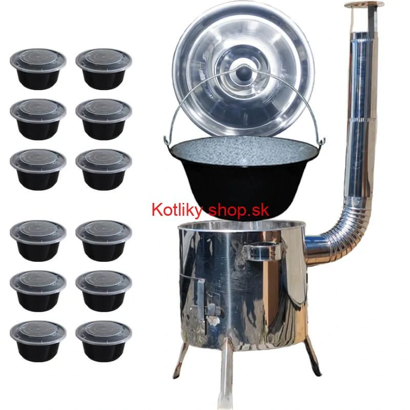 Smaltovaný kotlík 13 L + Nerezová kotlina 36 INOX LUSTRO + misky 12 ks