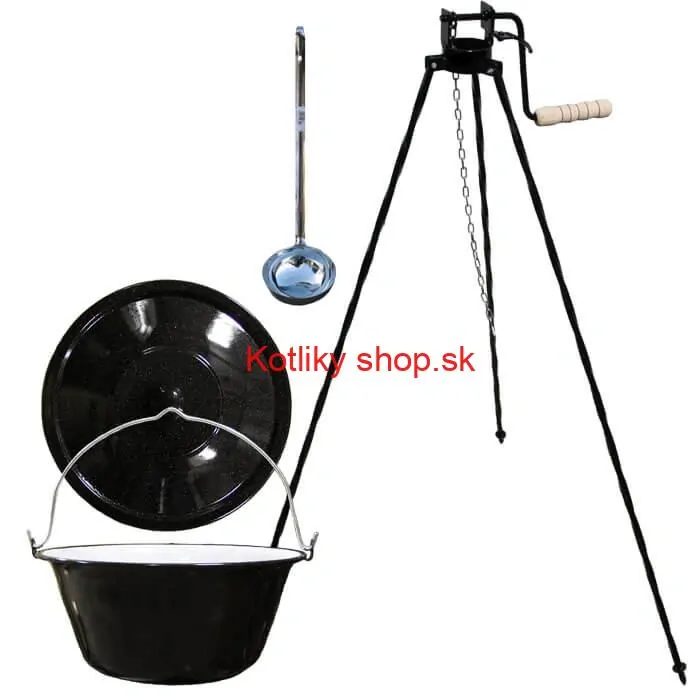 Smaltovaný kotlík 10 L + pokrievka + stojan s kladkou VAR