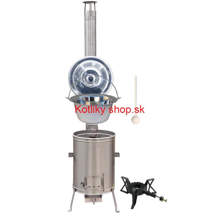 Antikorový kotlík 10 L (1,2 mm) + nerezová kotlina 36 cm + liatinový horák 7 kW, vareška LUX