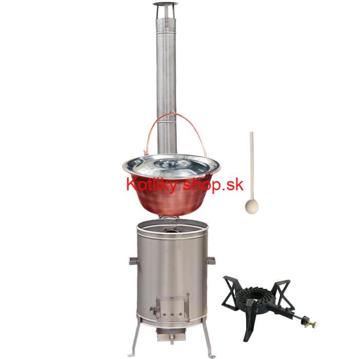 Medený kotlík 10 L (1,2 mm) + nerezová kotlina 36 cm + liatinový horák 7 kW, vareška LUX