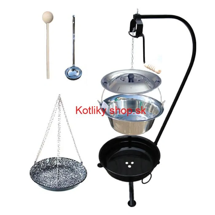 Nerezový kotlík 20 L (0,8 mm) INOX + smaltovaná panvica + ohnisko so stojanom a s poistnou kladkou VAR