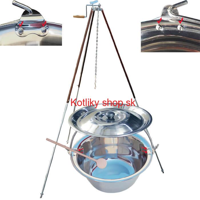 Antikorový kotlík 15 L (0,8 mm) s nitmi + teleskopická trojnožka s poistnou kladkou + pokrievka